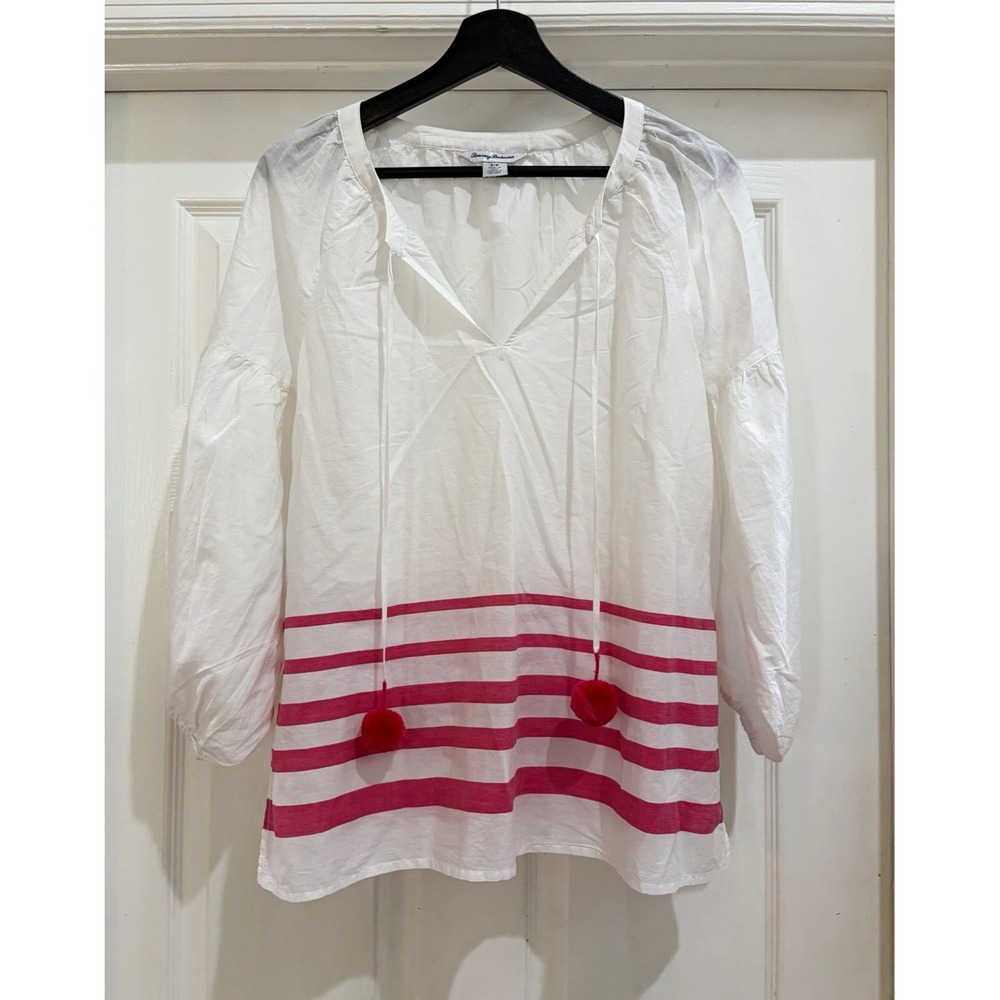 Tommy Bahama Womens S/P White Pink Striped V-Neck 3/4 Sleeve Tunic Blouse